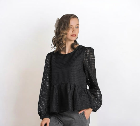 MOONLIT GAZE PEPLUM BLACK BABY DOLL BLOUSE