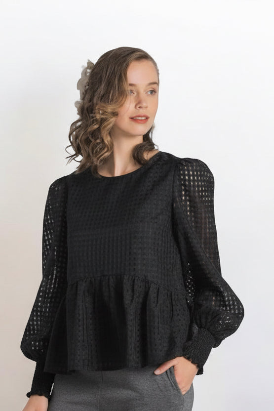 MOONLIT GAZE PEPLUM BLACK BABY DOLL BLOUSE