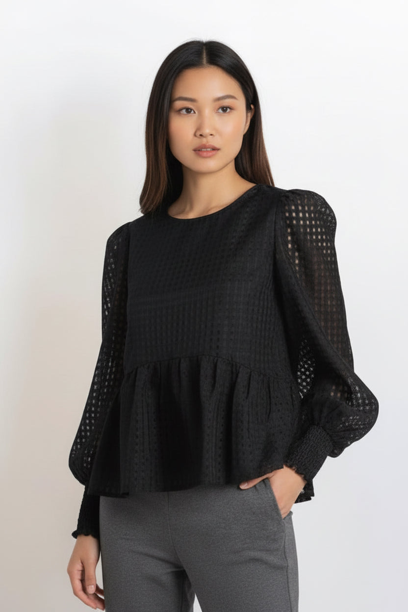 MOONLIT GAZE PEPLUM BLACK BABY DOLL BLOUSE