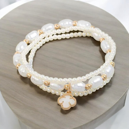 Glass Clover Charm Mixed Fresh Water Pearl Beaded Bracelet Set