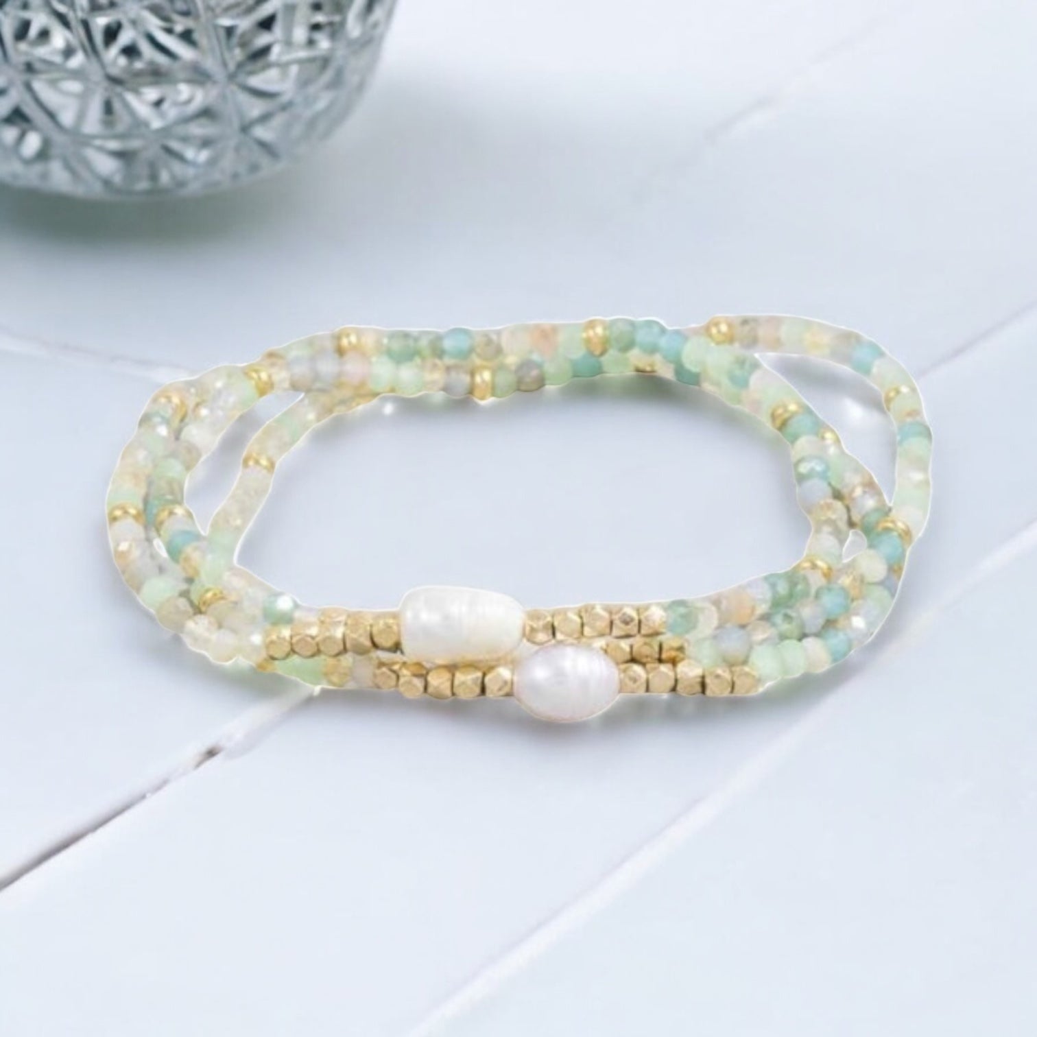 Green Faceted And Fresh Water Pearl Beads Bracelet Set