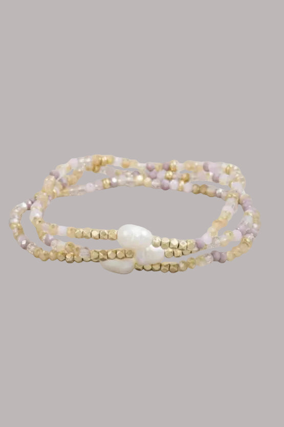 Pink faceted and freshwater pearl beads bracelet set