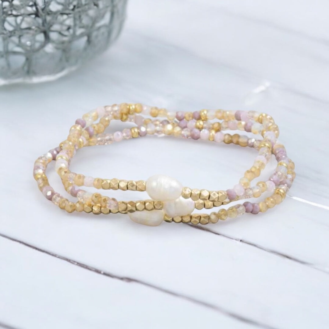 Pink Faceted And Fresh Water Pearl Beads Bracelet Set