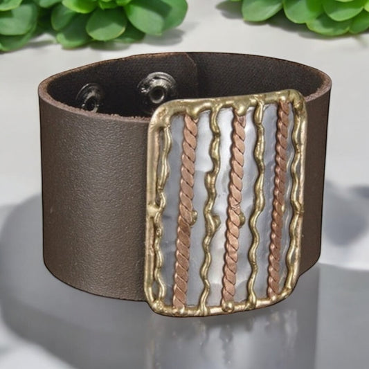 Handmade Genuine leather bracelet with Stripe mixed metals