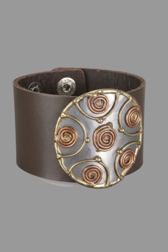 Handmade Genuine leather bracelet with Circle mixed metals