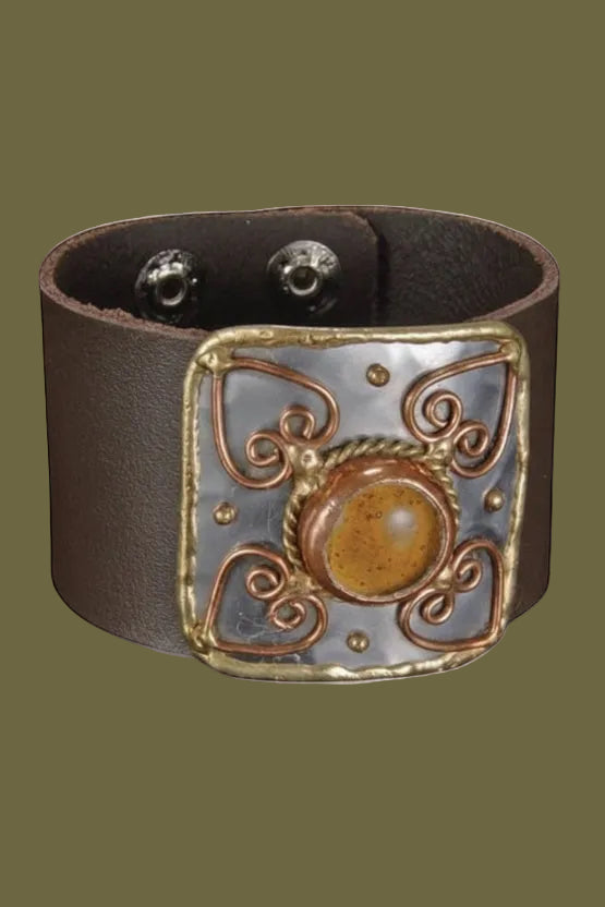 Handmade genuine leather bracelet with heart shaped mixed metals