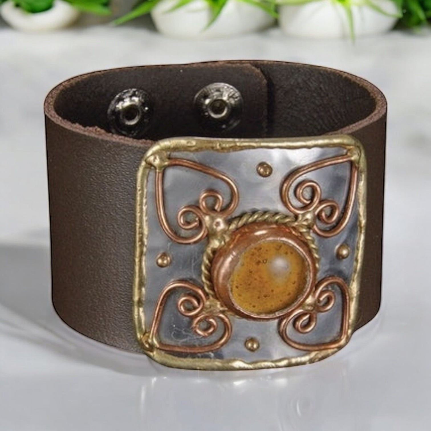Handmade Genuine leather bracelet with Heart Shaped mixed metals