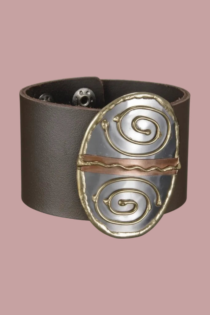 Handmade genuine leather bracelet with swirl mixed metals
