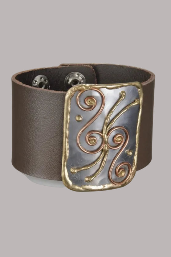 Handmade genuine leather bracelet with mixed swirl metals