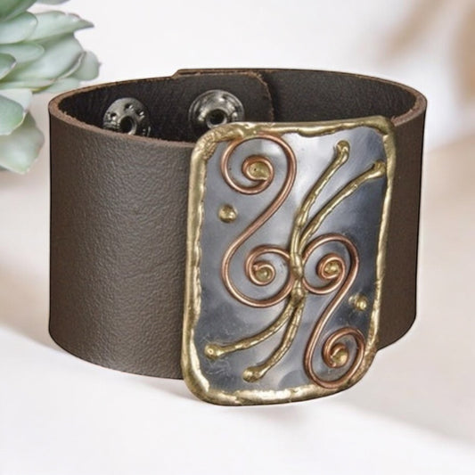 Handmade Genuine leather bracelet with mixed Swirl metals