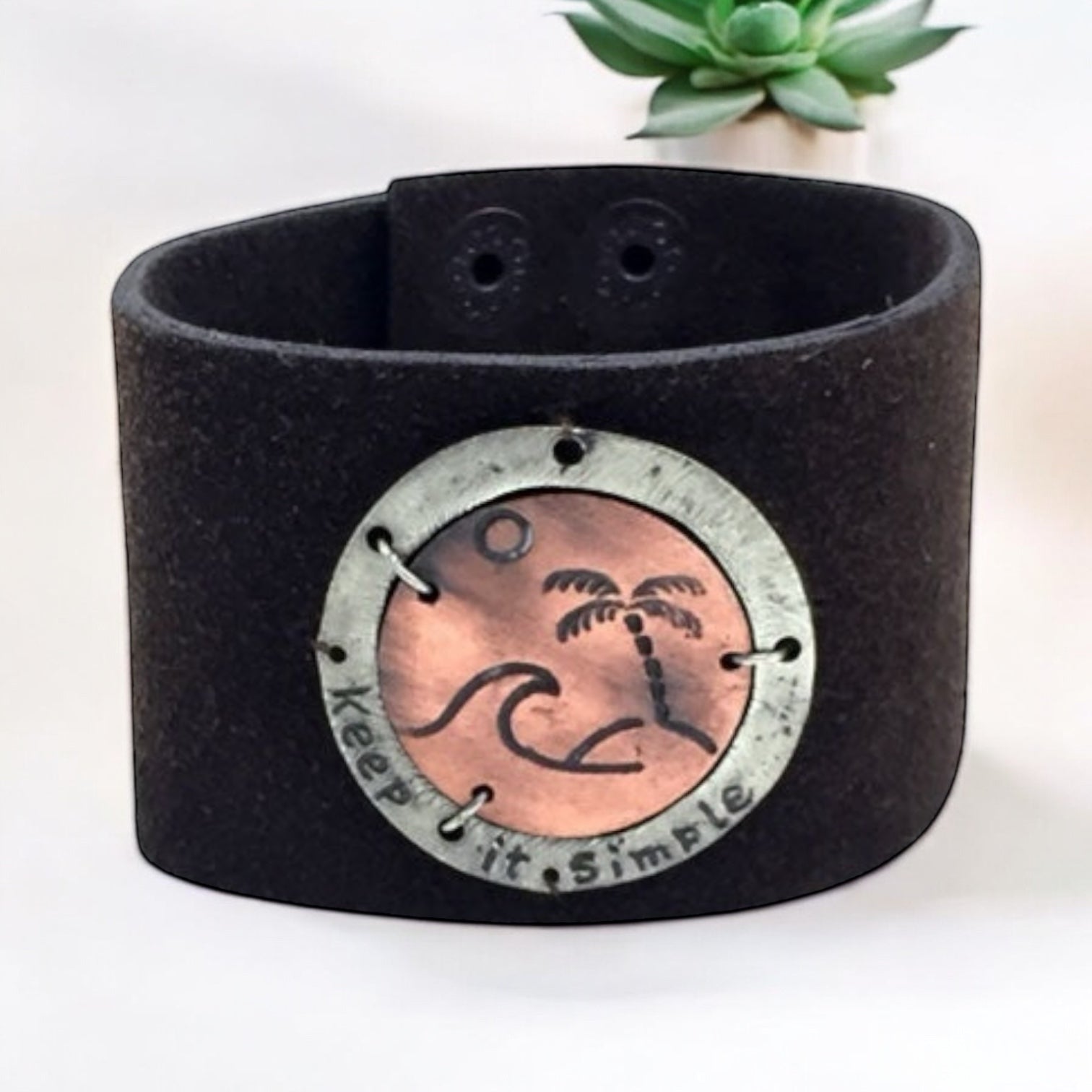 Handmade Copper " Keep It Simple " Palm Tree Brown Leather Bracelet