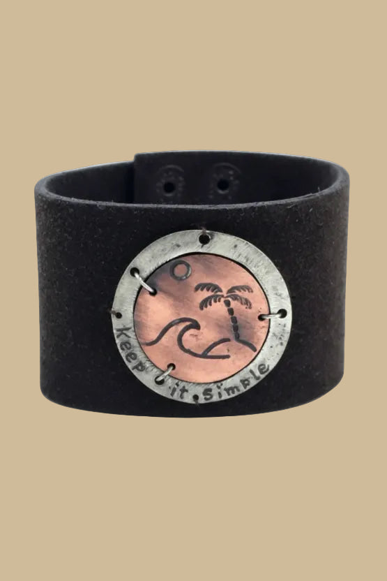 Handmade Copper " Keep It Simple " Palm Tree Brown Leather Bracelet