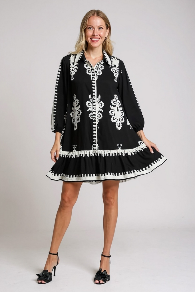 Black border paisley button-up tiered hem dress