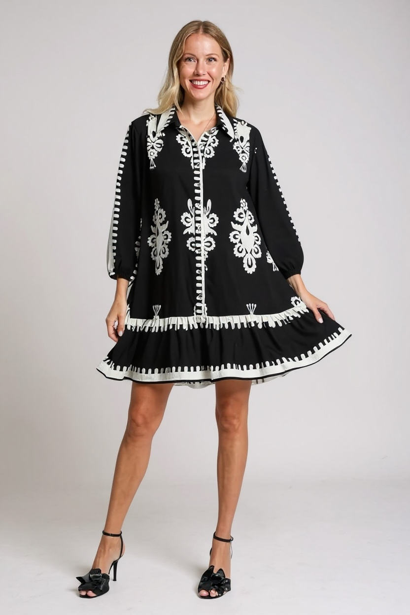 NOIR FLEUR SWING TUNIC BORDER PAISLEY TIERED HEM DRESS