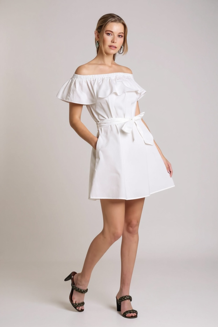 Ruffle Off Shoulder with Self Tie Sash Dress