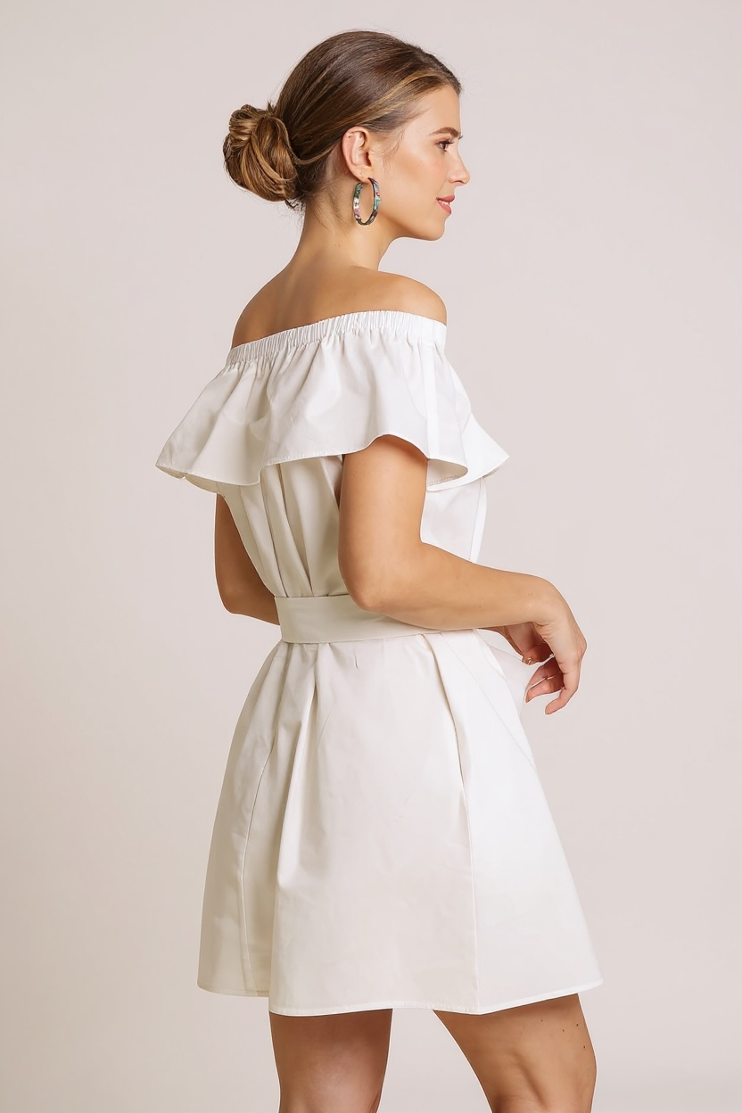 Ruffle Off Shoulder with Self Tie Sash Dress