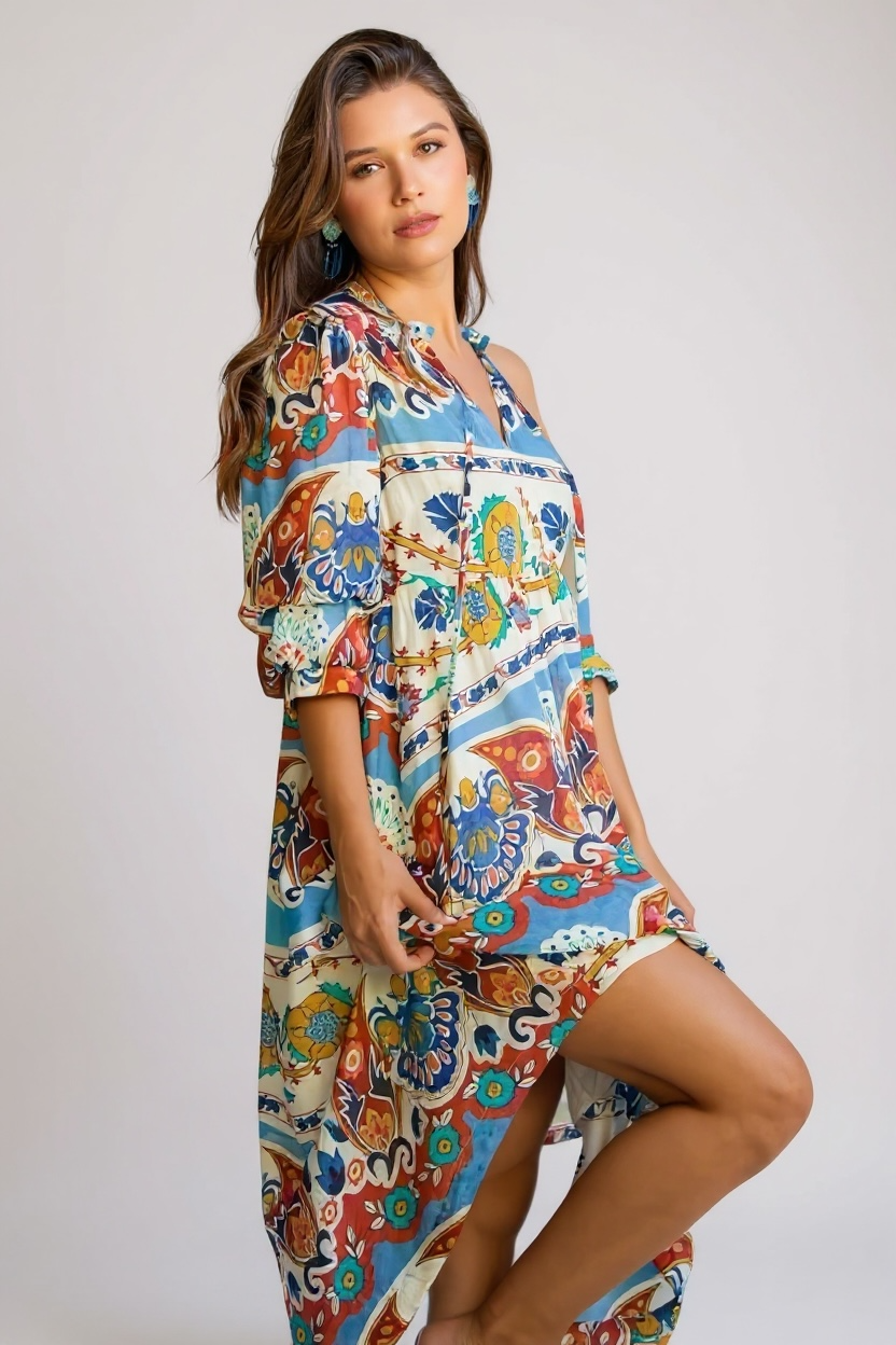 Blue Border Print Midi Dress