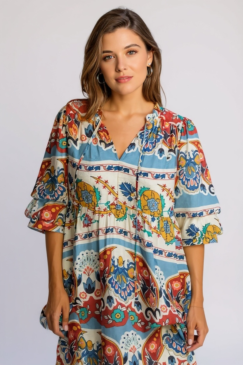 Blue Border Print Midi Dress