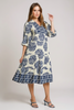Navy print midi dress with tiered design