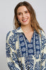 Navy print tiered midi dress with flowing skirt