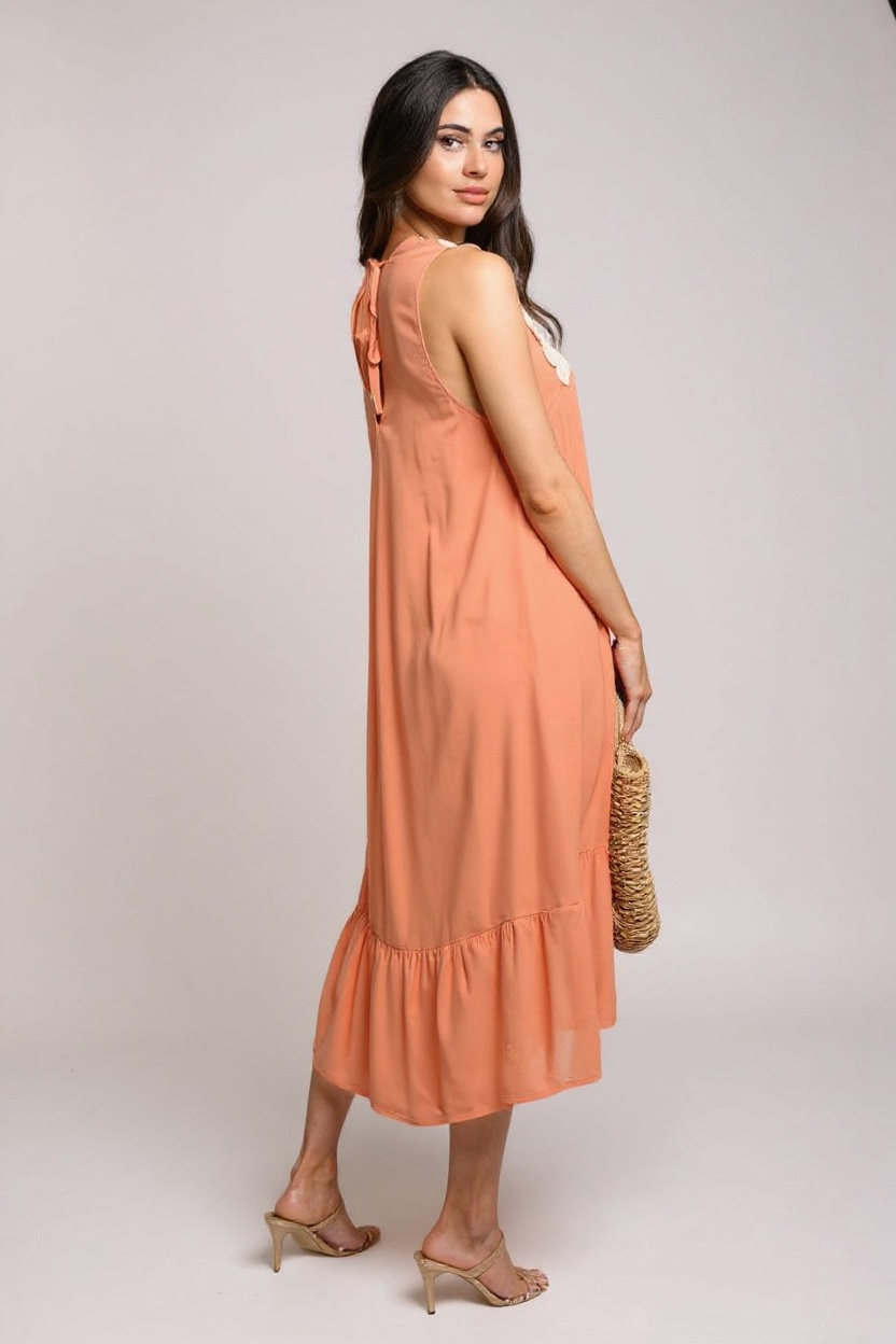 SLEEVELESS V-NECK TUNIC CROCHET TRIMMED MIDI DRESS