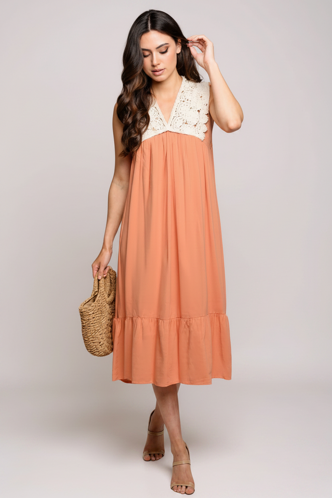 Sleeveless crochet trimmed tunic midi dress