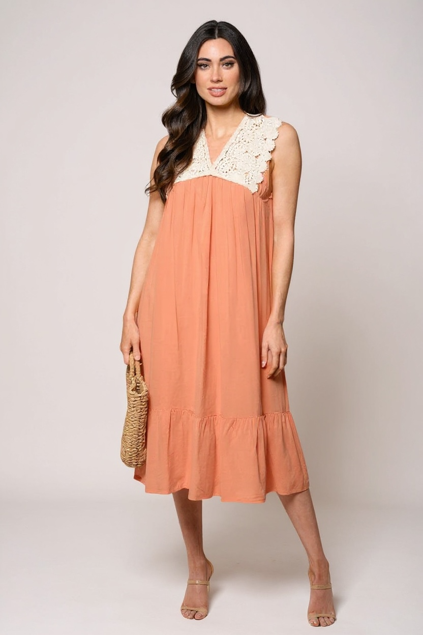 SLEEVELESS V-NECK TUNIC CROCHET TRIMMED MIDI DRESS