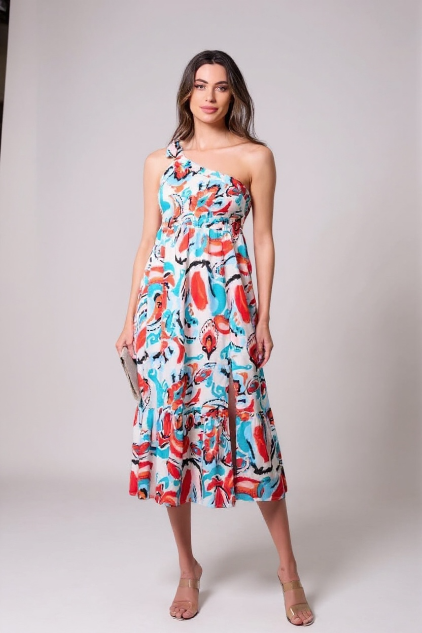 LOVE KNOT TIE ONE SHOULDER TIERED MULTICOLOR ABSTRACT MIDI DRESS