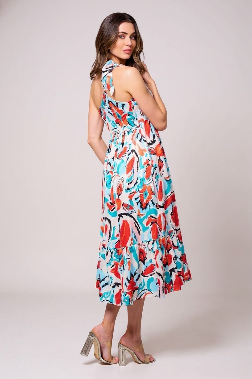 LOVE KNOT TIE ONE SHOULDER TIERED MULTICOLOR ABSTRACT MIDI DRESS