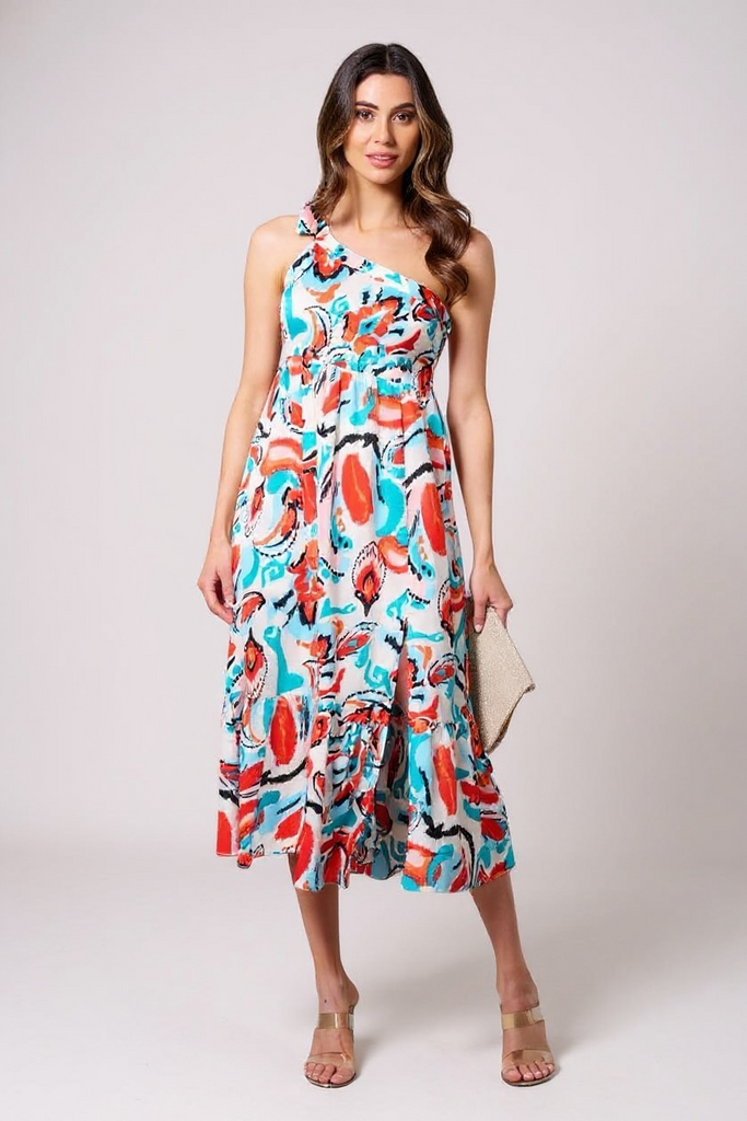 One-shoulder multi-print midi dress by Mandalay and Company