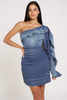 Blue one-shoulder chambray ruched tie-dye mini dress