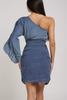 One-shoulder ruched tie-dye mini dress in blue chambray