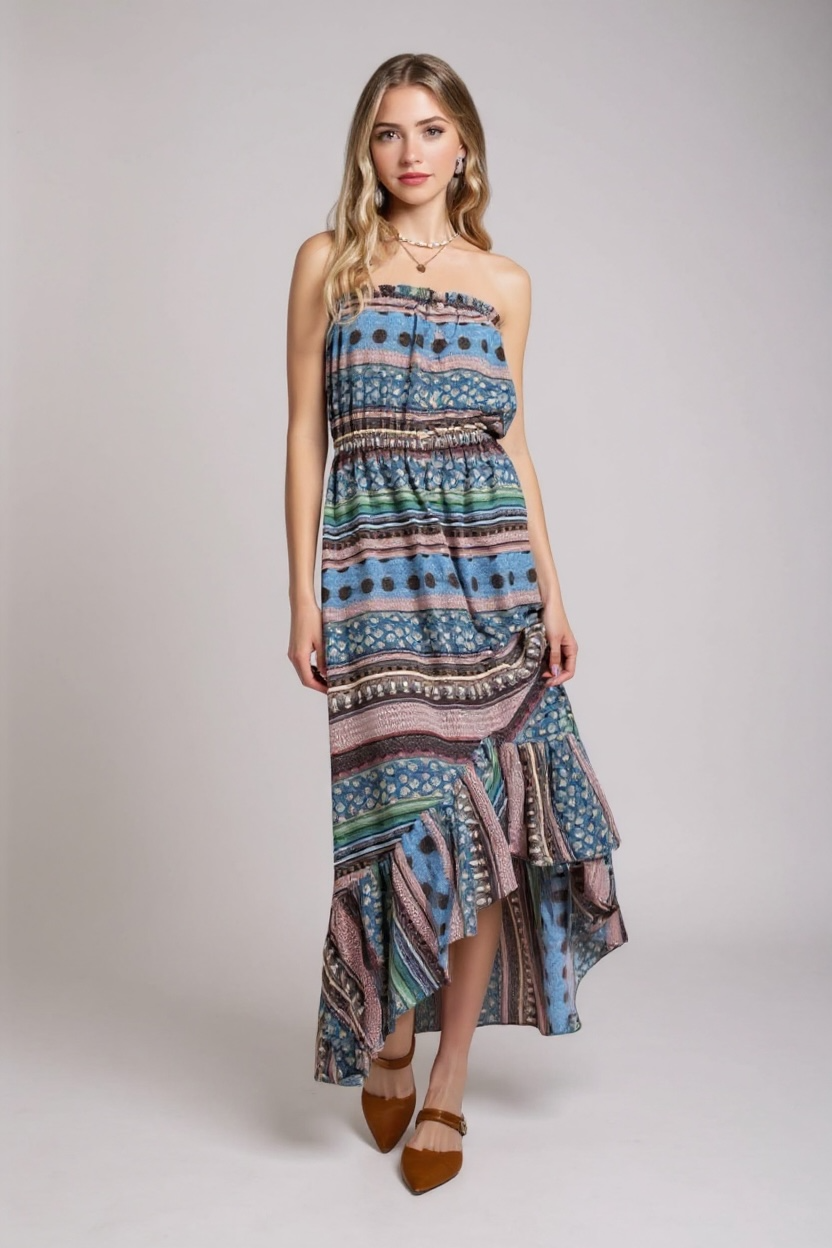 Gabby Sky Blue Mixed Print Button Detailed Tube Midi Strapless Maxi Dress