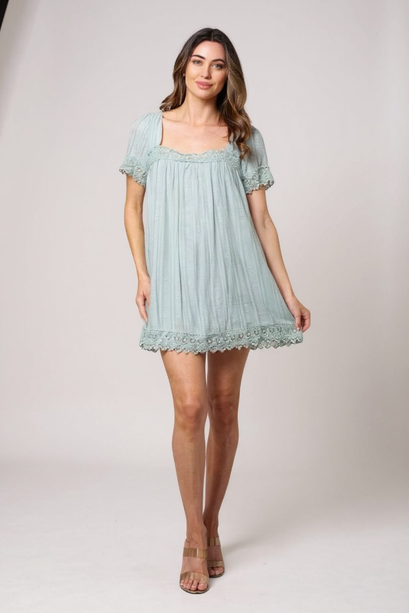 SAGE EMBROIDERED SQUARE NECK TRIM TUNIC MINI DRESS