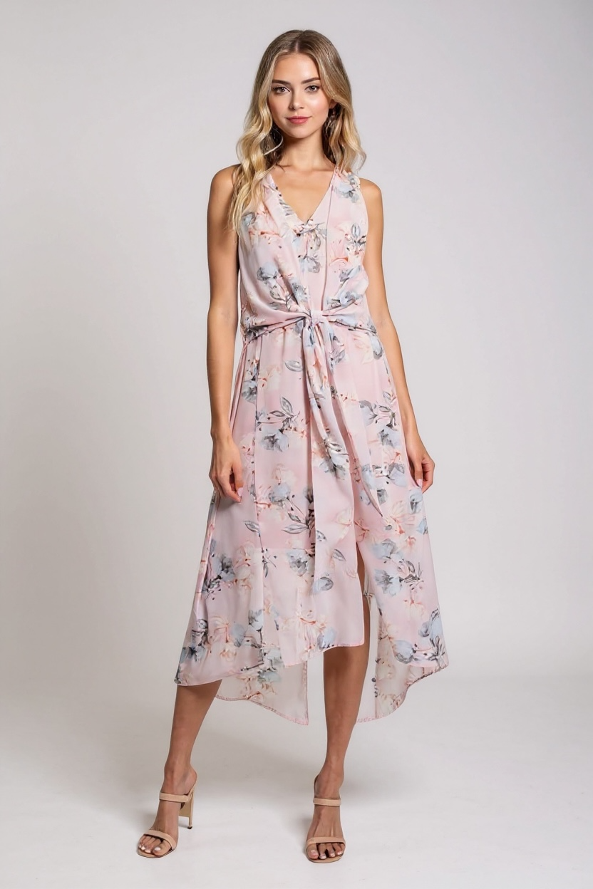 Pale Pink and Blue Floral Draped Tie Front Dress
