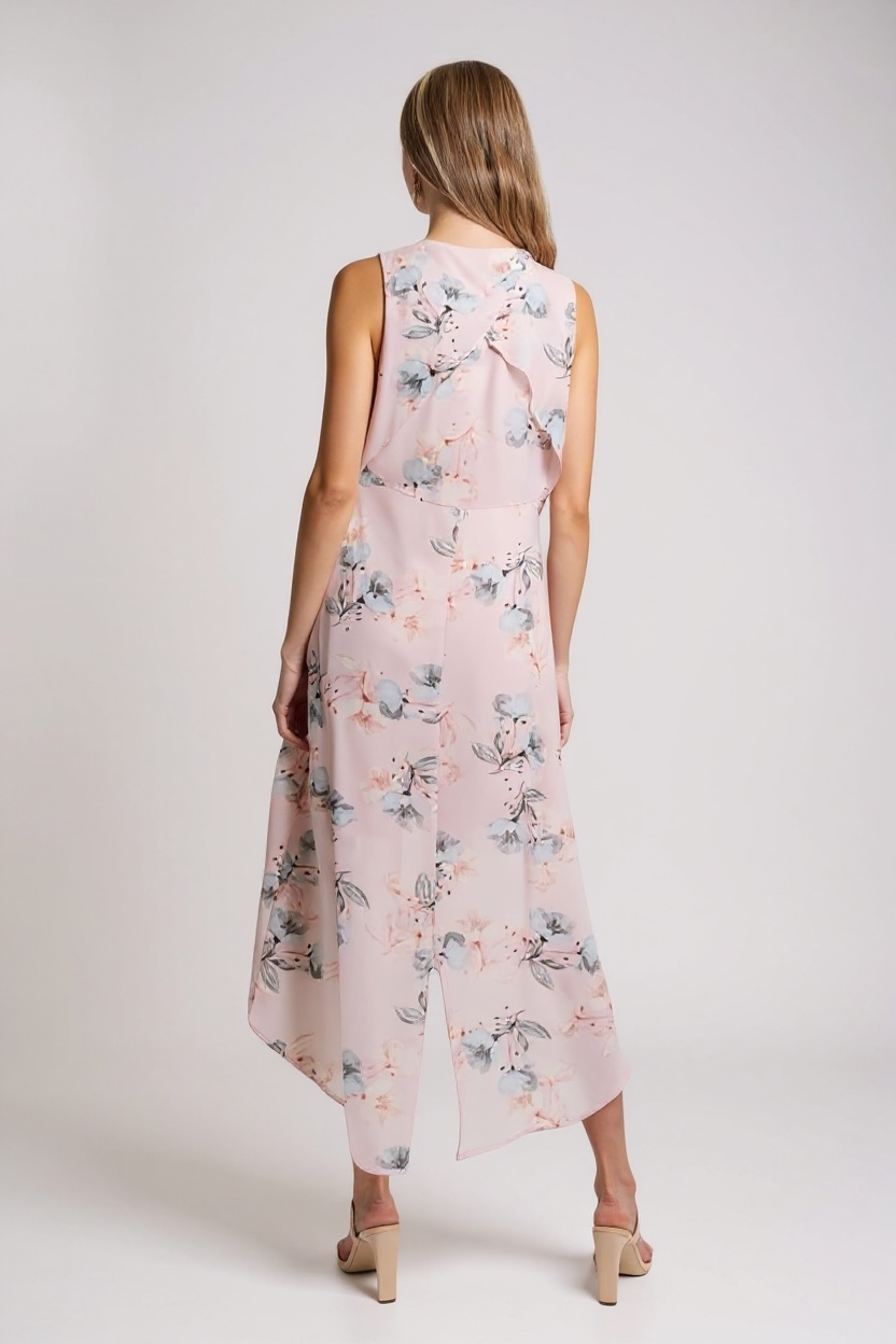 Pale Pink and Blue Floral Draped Tie Front Dress