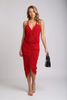 Front ruched V-neck bodycon midi dress