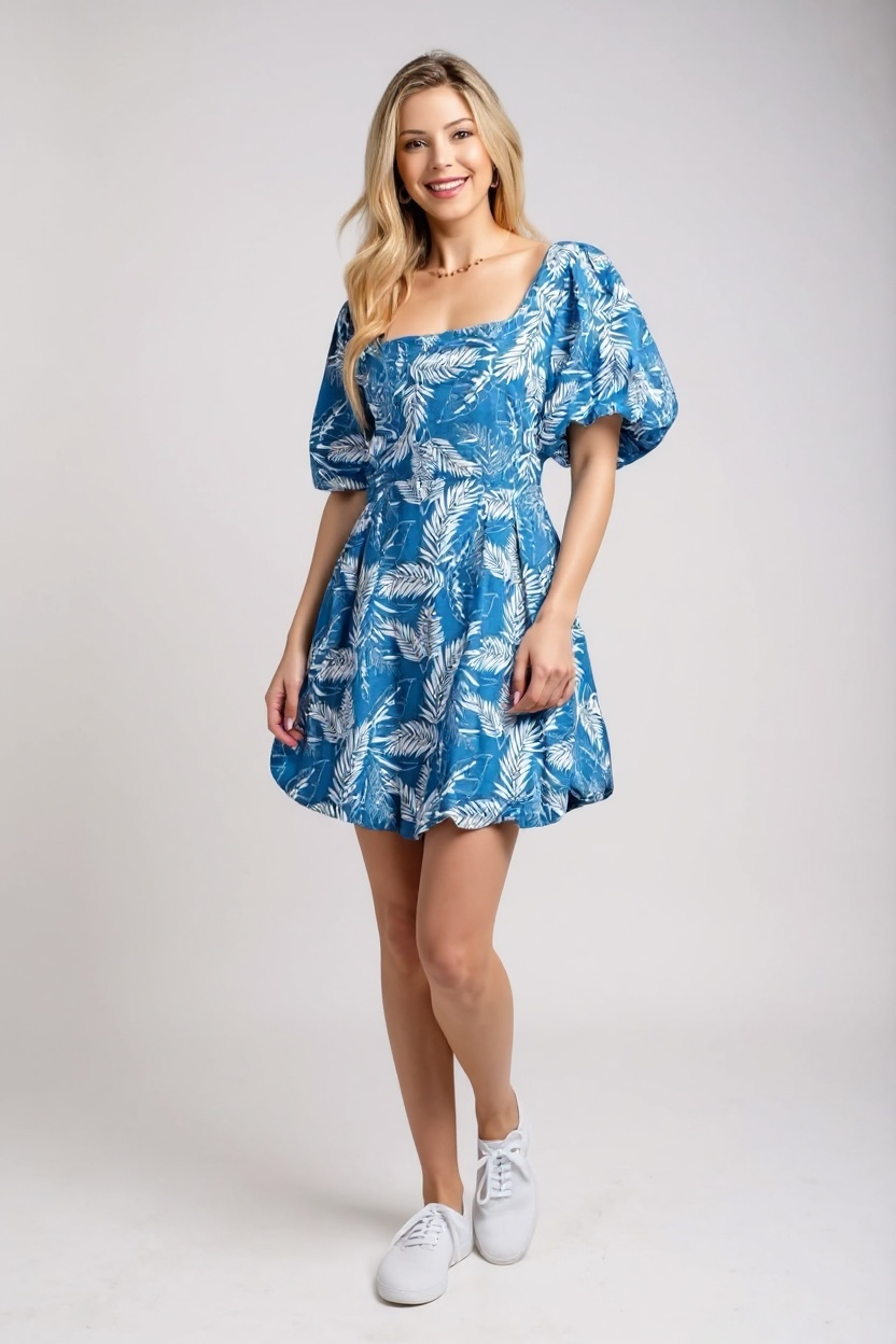 Leaf Printed Bubble Hem Short Sleeve Dress