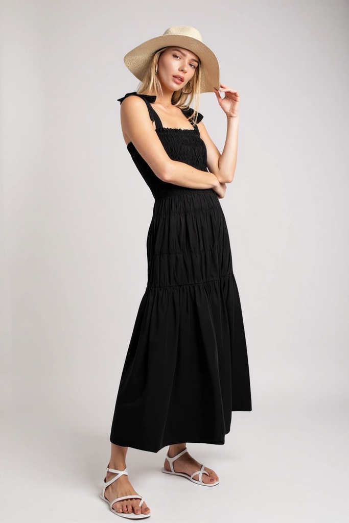 Black smocked maxi dress with shoulder ties