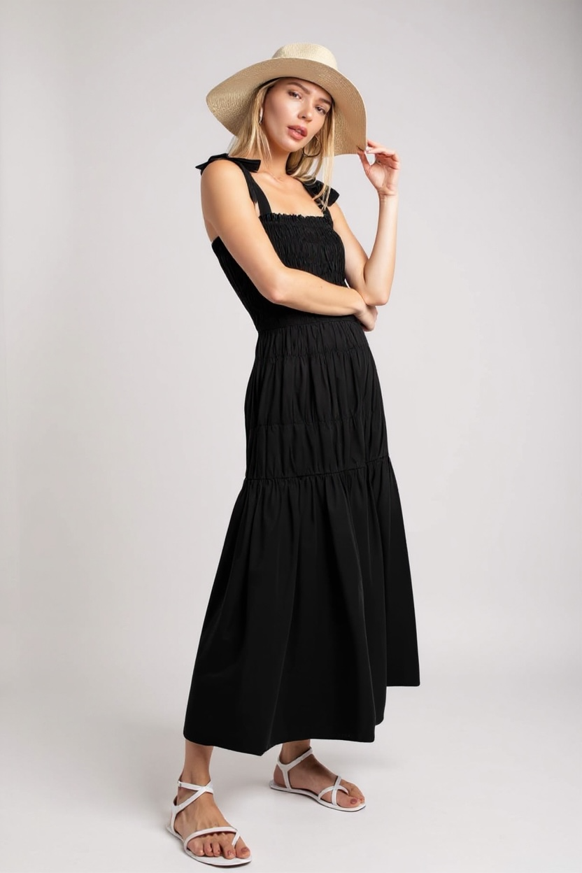 Smocked Maxi Dress with Shoulder Tie