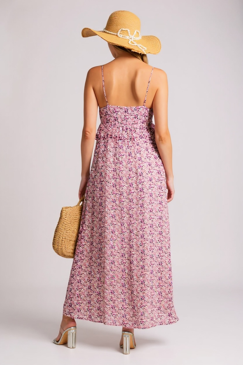 PINK ADJUSTABLE STRAP RUFFLE FLORAL TIERED MAXI SUN DRESS