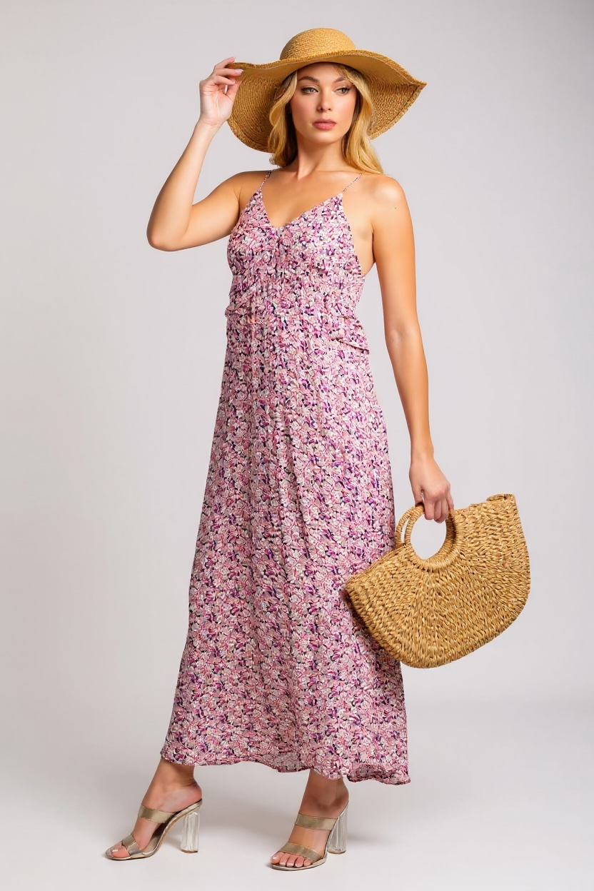 PINK ADJUSTABLE STRAP RUFFLE FLORAL TIERED MAXI SUN DRESS
