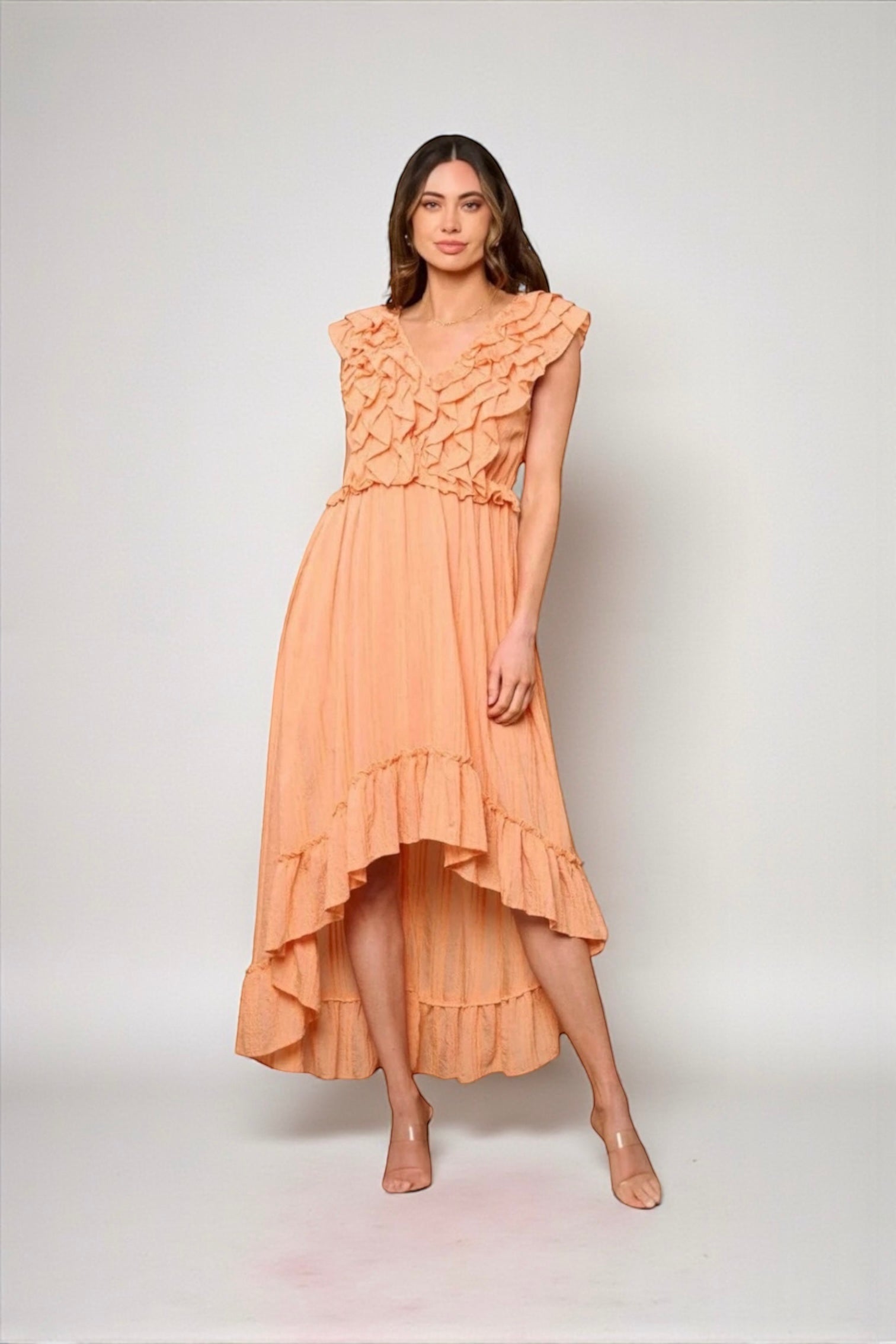 RUFFLE FRONT HIGH-LOW SLEEVELESS MIDI DRESS