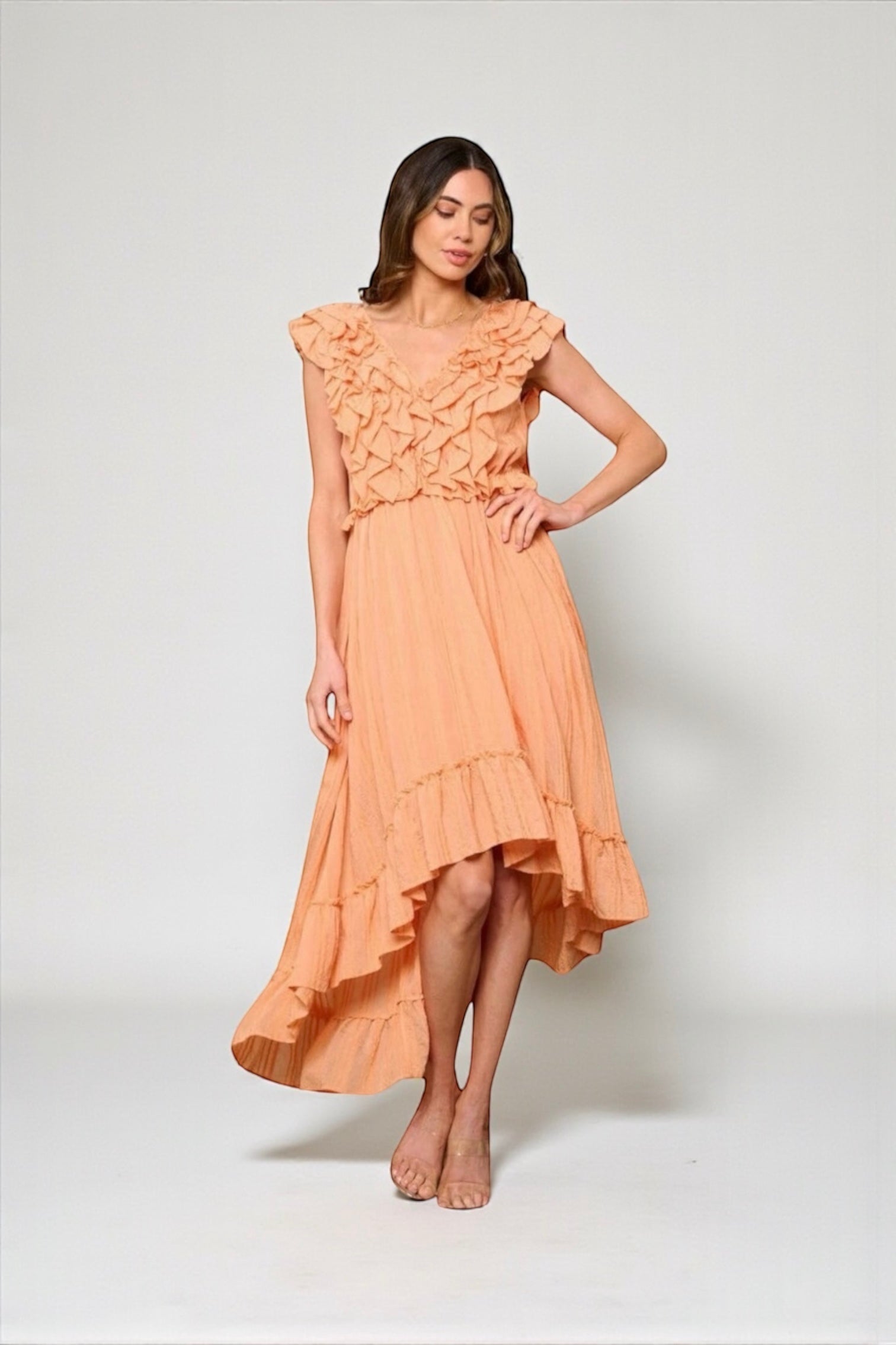 RUFFLE FRONT HIGH-LOW SLEEVELESS MIDI DRESS