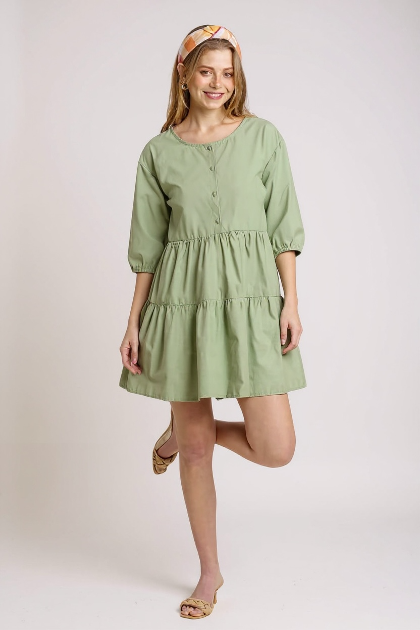 Half Button 3/4 Sleeve Tiered Shirt Dress