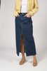 Midi denim skirt with slit in indigo blue