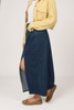 Indigo midi denim skirt front split detail