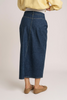 Blue denim midi skirt with front slit and pockets