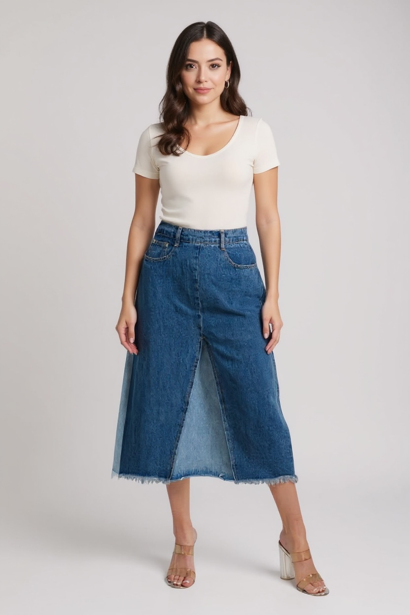 PATCHWORK BLUES BUTTON 2-TONE DENIM MIDI SKIRT