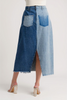 Denim midi skirt in patchwork blues with button detail